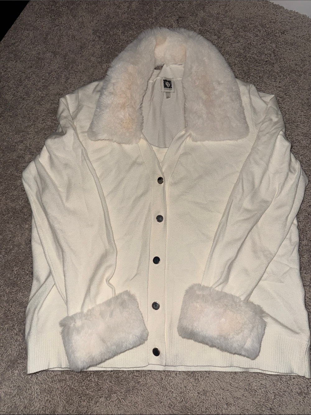 Anne Klein Cream Faux-Fur Trim Button Cardigan Jacket